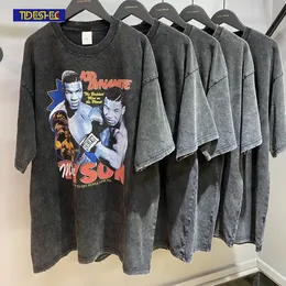 Men's T Shirts SHEC T shirt Vintage Tyson Graphic Print Washed Oversize Hole Loose Casual Men Harajuku T Shirt Tee Top 230607