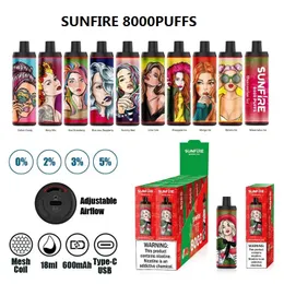 Autentisk Sunfire 8000 Puffs DTL engångsvape 18 ml Förspillad 600mAh USB -laddning Justerbart luftflöde 0 mg 20 mg 30 mg 50 mg av Aierbota Tillverkare