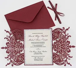 Burgundy Lace Wedding Invitation Inner Sheet with Silver Glitter Bottom And Ribbon Envelope7687797