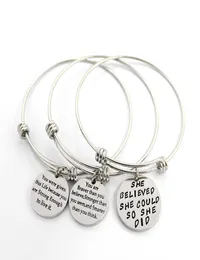 Adjustable Stainless Steel Bracelets For Womens Inspirational Words Metal Card Charm Bracelet quotSHE BELIEVED SHE COULD7005069