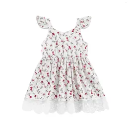 Vestidos de niña Vestido de niña bebé Sin mangas Estampado floral Dobladillo de encaje Dulce cabestrillo para niñas de 3 a 24 meses