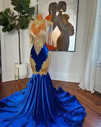 Sexy collo alto lungo abito da ballo per ragazze nere nappa 2023 Royal Blue Appliques Backless festa di compleanno abiti da sera Robe De