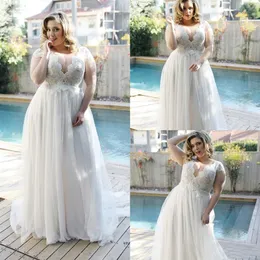 Plus Size Brautkleider mit Flügelärmeln, schiere V-Ausschnitt, Spitze, Tüll, bodenlang, 2020, elegantes Design, Brautkleider, Vestido De Noiva241K