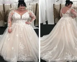 2021 Plus Size VNeck Wedding Dresses Sheer Full Long Sleeves Lace Appliques A Line Tulle Australia Dress Bridal Gowns Formal robe1121104