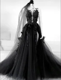 Vestidos de noiva góticos pretos vestidos de noiva de conto de fadas vintage vestidos de novia apliques florais 3D fenda alta lateral