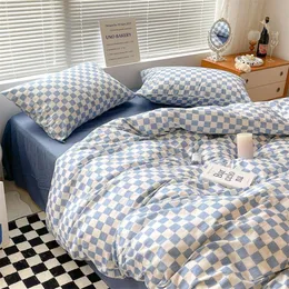 Set di biancheria da letto Copripiumino nordico scozzese blu 220x240 Federa Lenzuolo 3 pezzi Set di biancheria da letto a scacchiera 200x230 Trapunta 230606