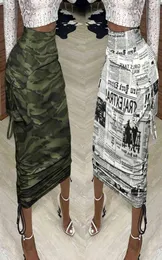 Mid Calf Skirts Women Camouflage Camo Newspaper Print High Waist Streetwear Korean Fashion Clothing Pockets Dstring Pleated X04281953401