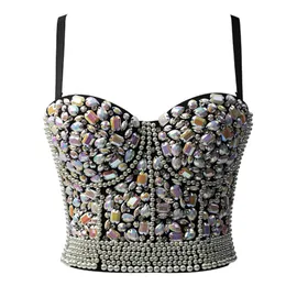 Tanks Womens Colorful Rhinestone Push Up Bra Bustier Pearl Beaded Underwire Camisole Sexy Punk Party Clubwear Corset Crop Top