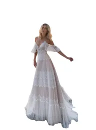 A Line Bohemian Beach Wedding Dresses Lace Applique Spaghetti Straps Tule Sweep Train Boho Vestidos de Noiva robe de mariee vestido feminino