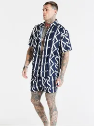 Mäns kostymer Blazers Sik Silk Silk Men Summer 3D Print Polo Loose Beach Shirt Button Short Sleeve Top Fashion Street Apparel Set of 2