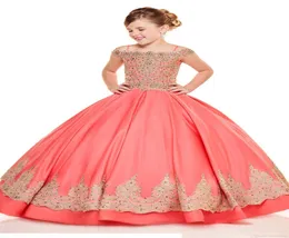 Coral Ball Gowns Princess Little Girls Pageant Dresses Gold Embroidery Beads Cold Shoulder Flower Girl Dress For Wedding Party Bir3927009