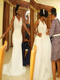 2022 African White Mermaid Wedding Dresses With Detachable Train V Neck Appliques Country Bridal Gowns vestidos de novia2585586