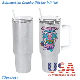 US Warehouse! Sublimation 40oz Chunky Glitter White Tumblers With Handle Steel Double Wall Insulated Travel Mugs Without Silver Line In Stock!