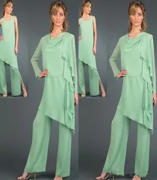 Modern Sage Mother of Bride Pant Suits Custom Long Sleeves 3 Pieces Chiffon Mother Pants Suits Formal Wear4783482