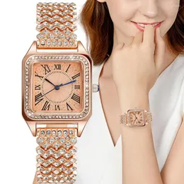 손목 시계 여성 스퀘어 럭셔리 다이아몬드 세트 로마 브랜드 쿼츠 시계 패션 2023 간단한 스테인리스 스틸 드레스 시계 시계
