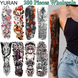 Tatueringar yuran 200 stycken grossist 48x17cm kroppskonst tatuering tillfällig full arm skalle räv tatu för män kvinnor falska tatuering klistermärke leveranser