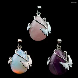 Pendant Necklaces Natural Stone Water-drop Shape Butterfly Simple Style Necklace Reiki Heal Crystal Jewelry Fashion Trend Hang Accessory