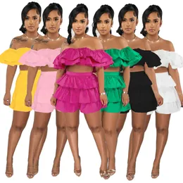 Ruffle 2 Piece Set Women Shorts Outfits Summer Woman Tiered Ruched Off the Shoulder Crop Top och Shorts Suits Female Pink Casual Clothes