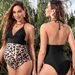 Moderskap Swimwears Leopard Printing Bikini Badkläder för gravida kvinnor Baddräkt Moderskap Baddräkt Graviditet i ett stycke Baddräkt T230607