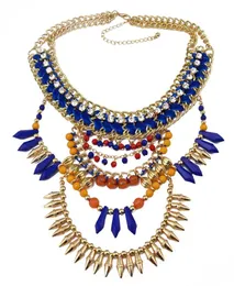 European style gold plated handmade braid rhinestone chunky chain blue brown beads rivet tassel charms bib statement necklace8306280