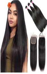 Brazilian Straight Hair Weave 3 Bundles With Closure 44 Natural Color Jet Black Human Hairs Weave Non Remy Extension8201840