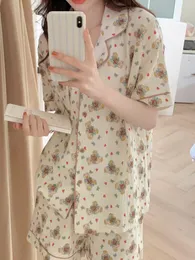 Women's Sleepwear Korean Cotton Cartoon Bear Print Summer Pajamas Set Women Casual Two Piece Home Suit Vintage Harajuku Kawaii