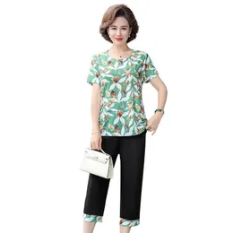 Dress New Summer Women Suits Middleaged Mother Clothing Shortsleeved Tshirt Tops XL5XL Twopiece Female Casual Pants Set