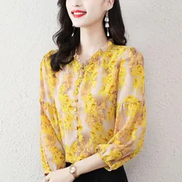 Women's Blouses 2023 Spring Fashion Casual All-match Loose V-Neck Long Sleeve Spliced Edible Tree Button Simplicity Commute Blouse