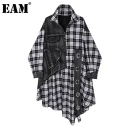 EAM Women Black Plaid Denim Big Size Shirt Dress New Lapel Long Sleeve Loose Fit Fashion Tide Spring Autumn 2020 LJ2012025706786