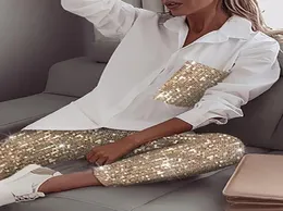 Women Sequin Long Sleeve Shirt Glitter Shiny Pant Sets Casual Women039s Two Piece Sets tracksuit white Tshirt suits18441385
