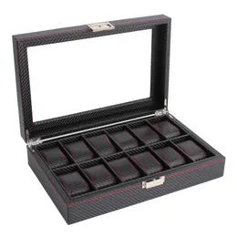 Caixa de relógio de fibra de carbono com 12 compartimentos OUTAD para exibição de joias, suporte de armazenamento retangular, estojo de couro preto 214U