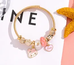 Grânulos de cor dourada, design de moda, pulseira de pingentes de aço inoxidável, coração de amor feliz, pulseiras de pingentes de Cinnamoroll, menina, presente Kawaii