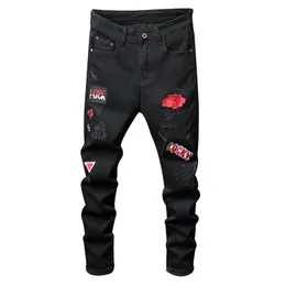 Mens Jeans Sokotoo Red Flower Letters Brodery Black Jeans Fahion Badge Stretch Denim Pants 230606