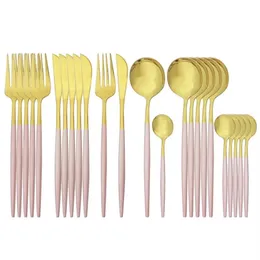 Pink Gold Cutlery Set Stainless Steel Dinnerware 24Pcs Knives Forks Coffee Spoons Flatware Kitchen Dinner Tableware 211023203F