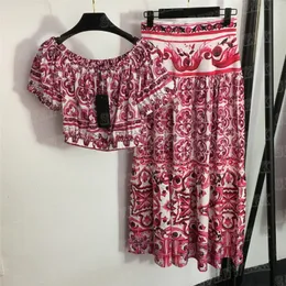 여자 드레스 자른 T 셔츠 최고 패션 2pcs 세트 빈티지 인쇄 보트 목 상단 높은 허리 스커트 정장
