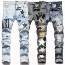 Мужские джинсы, пошлины, брюки разорванные хип -хоп High Street Brand Brand Pantalones Vaqueros para hombre Мотоциклетная вышивка.