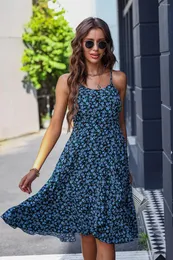 Casual Dresses Sweet Summer Sexy Sleeveless Long Dress Blue Printing Fashion Elegant V-neck Slip Vacation Beach For Ladies