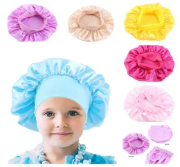 Fashion Kids solid color Bonnet Girl Satin Night Sleep Shower Cap Hair Care Soft Cap Head Cover Wrap Beanies Skull Cap For 16Y ba3290024
