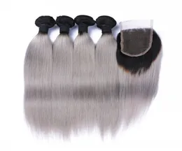 9A Malaysian 1B Gray Hair Weave 4 Bundles With Lace Closure Silver Grey Ombre Human Hair Extensions With Closure 1B Grey Silky Str4641015