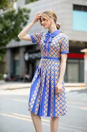 2020 summer womens wear European and American style shortsleeved lapel tie belt print waist slimming mediumlength pleated dress4545286