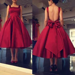 2023 Vestidos de Baile Baratos Comprimento do Chá Espaguete Sem Costas Borgonha Vermelho Drapeado Curto Feminino Tamanho Grande Ocasião Formal Vestido de Festa Vestidos