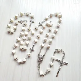 Hanger Kettingen QIGO Religieuze Bid Sieraden Metalen Kruis Witte Vierkante Stenen Rozenkrans Ketting Voor Mannen Vrouwen