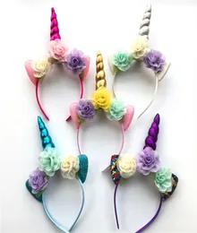 Glitter Metallic Unicorn Headband Girls Chiffon Flowers Hairband For Kids leaf flower Unicorn Horn Party Hair Accessories3697639