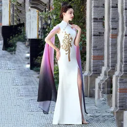 Ethnic Clothing 2PCS High Split Performance Sexy Qipao Chinese Style Dress Floral Women Satin Slim Cheongsam With Shawl Long 2023 Vestidos