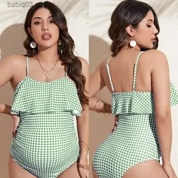 Moderskap Swimwears Yuqikl Summer Women Maternity Swimewear Baddräkter Fashionabelt sexig ljusgrön Plaid One Piece Swimsuit Maternity Bathing Suit T230607