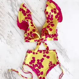 Swim Wear Sexig bikini Set Women Floral Push Up Padded Net Yarn Ruffles Bandage Swimsuit Swimwear Bathing Suit Beachwear Biquini 230605