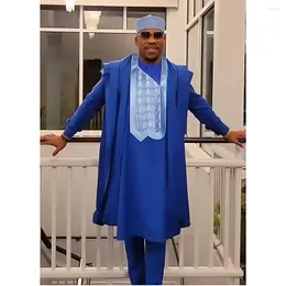 Ethnic Clothing H&D African Clothes For Men Tradition Wedding Party Robe Embroidery Blue Shirt Pants 3 Pcs Set Dashiki Nigeria Agbada