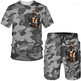 Herrspårar roliga kamouflage 3d djurtryck tees/shorts/sätter tysk herde inuti fick t-shirt kläder streetwear ventilatduk