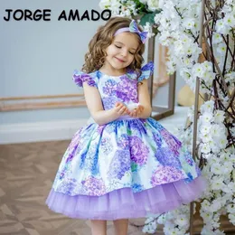 Girl Dresses 2023 Summer Kids Girls Party Dress Pink Purple Print Flare Sleeves With Headwear Weddings Birthday Clothes E2156