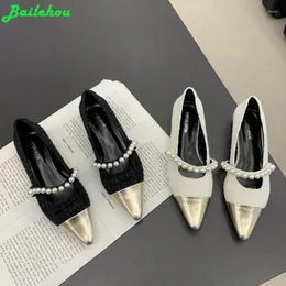 Dress Shoes Women Pumps Mary Janes Low Heels 2023 In Fashion String Bead Sandals Pointed Toe Footwear Luxury Shallow Slides